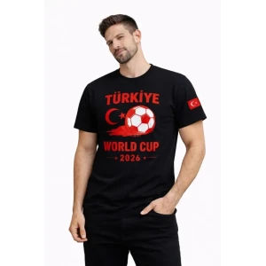 Erkek Türkiye World Cup 2026 Baskılı Tişört Futbol Temalı Forma T-shirt - Siyah