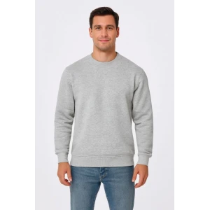 Erkek Üç İplik Düz Bisiklet Yaka Sweatshirt - Gri