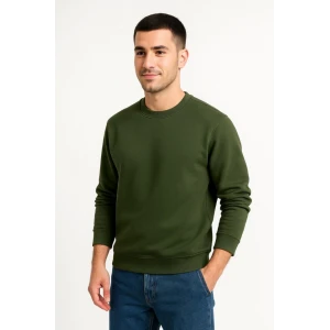 Erkek Üç İplik Düz Bisiklet Yaka Sweatshirt - Haki