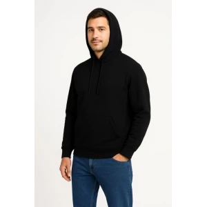 Erkek Üç İplik Kapüşonlu Kanguru Cepli Sweatshirt Hoodie - Siyah