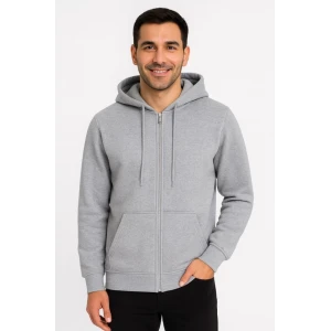 Erkek Üç İplik Kapüşonlu Tam Fermuarlı Kanguru Çepli Sweatshirt Hoodie - Gri