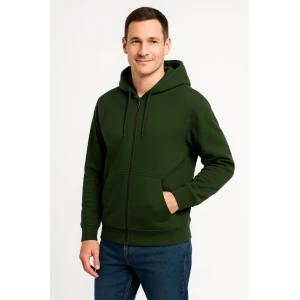 Erkek Üç İplik Kapüşonlu Tam Fermuarlı Kanguru Çepli Sweatshirt Hoodie - Haki