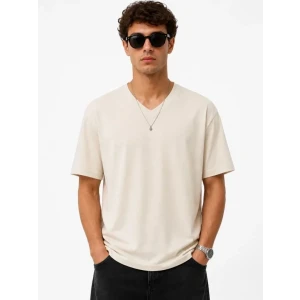 Erkek V Yaka Basic Tişört Kısa Kol Yazlık Regular Fit T-shirt - Bej