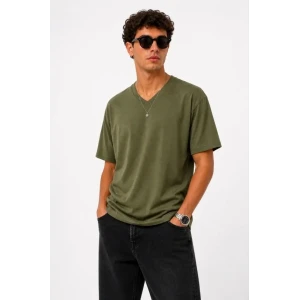 Erkek V Yaka Basic Tişört Kısa Kol Yazlık Regular Fit T-shirt - Haki
