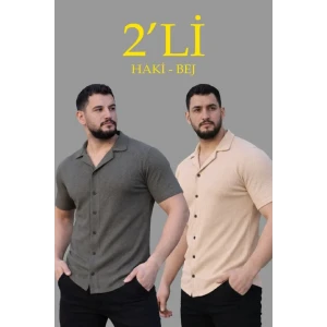 Erkek Waffle Dokuma Açık Yakalı Düğmeli Regular Kalıp 2’li Gömlek Seti - Haki - Bej
