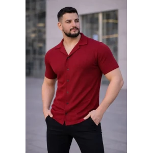 Erkek Waffle Kumaş Kısa Kollu Düğmeli Açık Yaka Regular Fit Gömlek - Kırmızı