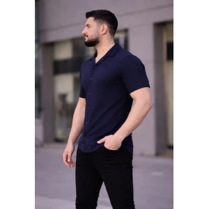 Erkek Waffle Kumaş Kısa Kollu Düğmeli Açık Yaka Regular Fit Gömlek - Lacivert