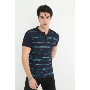 Erkek Yakalı Slim Fit Pike Çizgili T-shirt - Lacivert