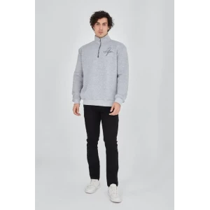 Erkek Yarım Fermuarlı Baskılı Sweat - Gri