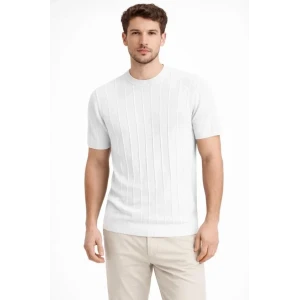 Erkek Yazlık Fitilli Triko Tişört Kısa Kol Bisiklet Yaka T-shirt - Beyaz