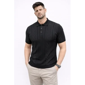 Erkek Yazlık Triko Tişört Kısa Kol Polo Yaka Düğmeli T-shirt - Siyah