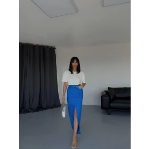 Gabardin Uzun Önden Yırtmaçlı Etek - Saks