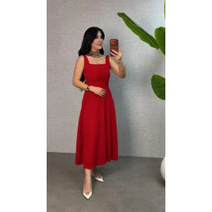 Kadın Askılı Kare Yakalı Bel Arkasından Bağlama Detaylı Uzun Yerli Krep Elbise