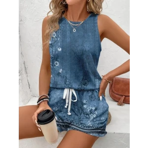 Kadın Askılı Yuvarlak Yaka Çiçek Baskılı Süprme Bluz Ve Short Ikili Takım