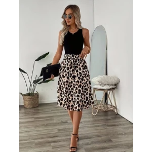 Kadın Askılı Yuvarlak Yakalı Viskon Bluz Ve Leopar Desenli Önü Düğmeli Midi Etek İkili Takım