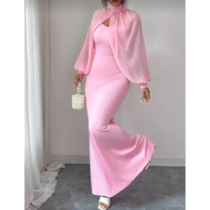 Kadın Balıkçı Yaka İnci Ve Tül Detay Dalgıç Kumaş Maxi Boy Elbise