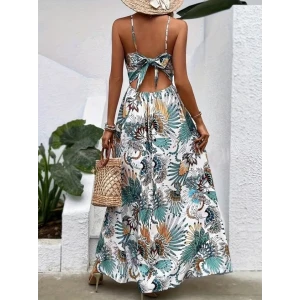 Kadın Boyundan Bağlamalı Arkadan Kuşaklı Desenli Süprem Elbise