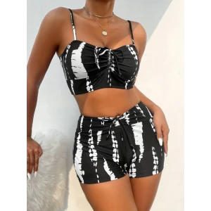 Kadın Büzgü Detay Askılı Cupsuz Crop Mini Tayt İkili Takım