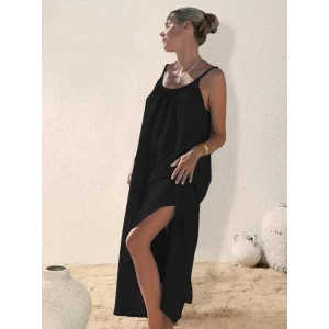 Kadın Ip Askılı Yuvarlak Yaka Yırtmaçlı Uzun Müslim Elbise