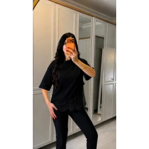 Kadın Kısa Kollu Bisiklet Yakalı Dantel Detaylı Viskon Iki Iplik Bluz