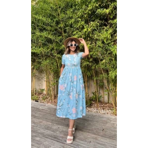 Kadın Kısa Kollu Çiçek Baskı Midi Boy Süprem Elbise