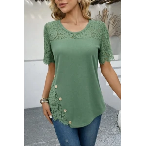 Kadın Kısa Kollu Dantel Detaylı Yandan Düğmeli Waffle Bluz