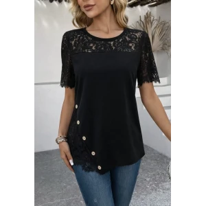 Kadın Kısa Kollu Dantel Detaylı Yandan Düğmeli Waffle Bluz