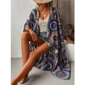 Kadın Kısa Kollu Önü Açık Belden Kuşaklı Uzun Kimono