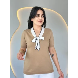 Kadın Kısa Kollu V Yaka Fular Detay Merserize Triko Bbluz