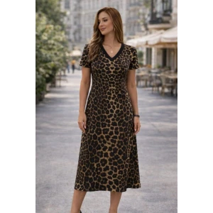 Kadın Kısa Kollu V Yakalı Leopar Desenli Kısa Süprem Elbise