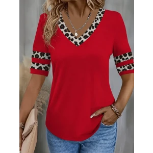 Kadın Kısa Kollu V Yakalı Leopar Desenli Viskon Bluz