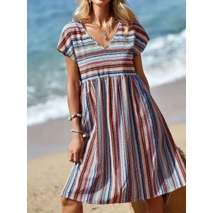 Kadın Kısa Kollu V Yakalı Pile Detay Keten Elbise