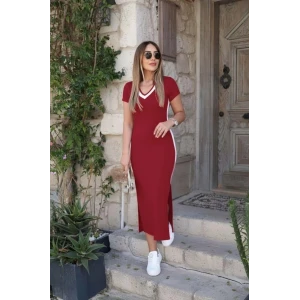 Kadın Kısa Kollu V Yakalı Yandan Şerit Ve Yırtmaçlı Viskon Uzun Elbise