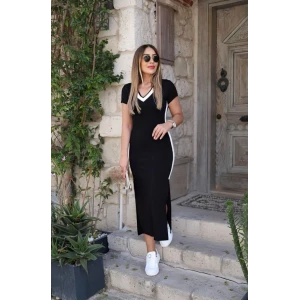 Kadın Kısa Kollu V Yakalı Yandan Şerit Ve Yırtmaçlı Viskon Uzun Elbise