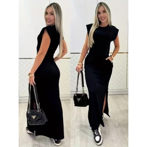 Kadın Kısa Kollu Vatkalı Cep Detaylı Yırtmaçlı Viskon Uzun Elbise
