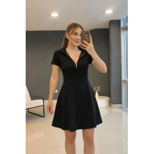 Kadın Kısa Kollu Yakası Fermuarlı Kısa Viskon Iki Iplik Elbise