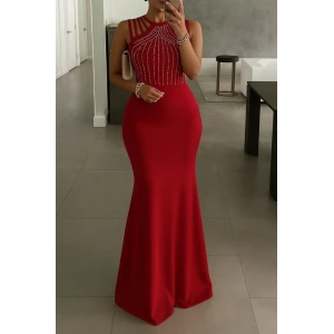 Kadın Omuz Çoklu Askılı Önü Taş İşlemeli Balık Kesim Janjan Krep Maxi Boy Elbise
