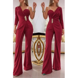 Kadın Tek Omuzdan Askılı Uzun Kollu Yakalı Yandan Çiçek Aksesuar Detaylı İthal Krep Tulum