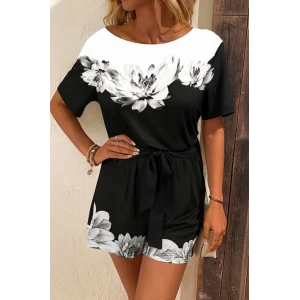 Kadın Tek Omuzu Açık Çiçek Desenli Beli Kuşaklı Iki Iplik Mini Short Tulum