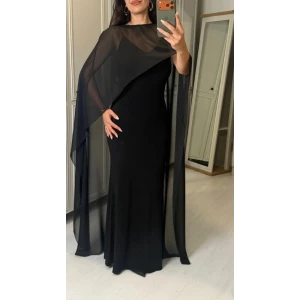 Kadın Transparan Pelerin Detay Askılı Maxi Boy Elbise