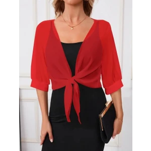 Kadın Truvakar Kollu Önden Bağlamalı Kısa Şifon Bolero Ceket