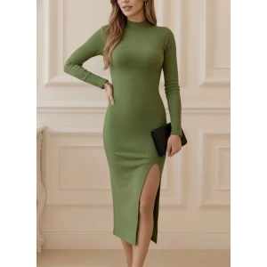 Kadın Uzun Kollu Balıkçı Yakalı Yanlardan Yırtmaçlı Kaşkorse Maxi Elbise