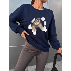 Kadın Uzun Kollu Bisiklet Yaka Kedi Desenli Viskon Iki Iplik Bluz