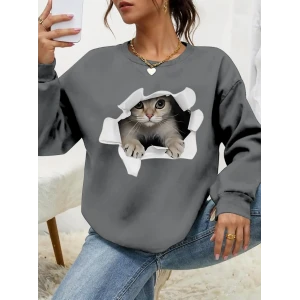 Kadın Uzun Kollu Bisiklet Yaka Kedi Desenli Viskon Iki Iplik Bluz
