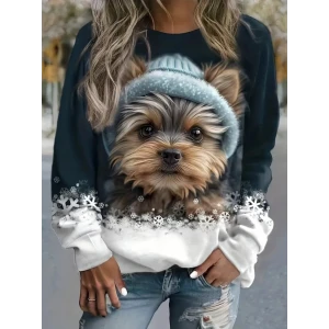 Kadın Uzun Kollu Bisiklet Yaka Köpek Baskılı Şardonlu Dalgıç Bluz