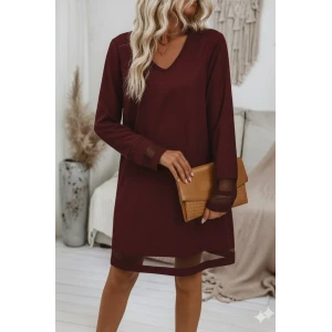 Kadın Uzun Kollu V Yakalı Tül Şerit Detaylı Mini Krep Elbise