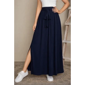 Kadın Yüksek Bel Bei Kuşaklı Yandan Yırtmaçlı Uzun Sandy Etek