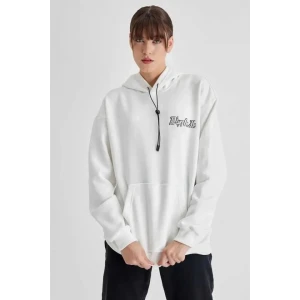 Kapüşonlu Sırt Baskılı Üç İplik Oversize Sweatshirt - Beyaz