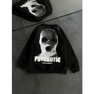 Kışlık Bisiklet Yaka Baskılı Sweatshirt - Siyah
