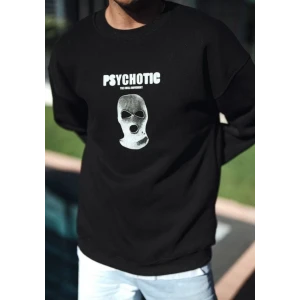 Kışlık Bisiklet Yaka Baskılı Sweatshirt - Siyah